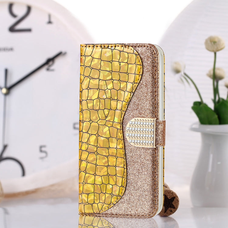 For iPhone 13 Pro Max Laser Glitter Powder Matching Crocodile Texture Horizontal Flip Leather Case with Card Slots & Holder & Wallet (Gold) - iPhone 13 Pro Max Cases by buy2fix | Online Shopping UK | buy2fix