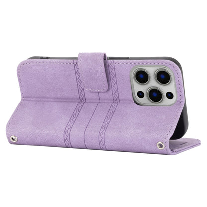 For iPhone 13 Pro Max Embossed Striped Magnetic Buckle PU + TPU Horizontal Flip Leather Case with Holder & Card Slot & Wallet & Photo Frame & Sling (Purple) - iPhone 13 Pro Max Cases by buy2fix | Online Shopping UK | buy2fix