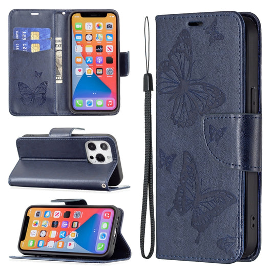 For iPhone 13 mini Embossing Two Butterflies Pattern Horizontal Flip PU Leather Case with Holder & Card Slot & Wallet & Lanyard (Blue) - iPhone 13 mini Cases by buy2fix | Online Shopping UK | buy2fix