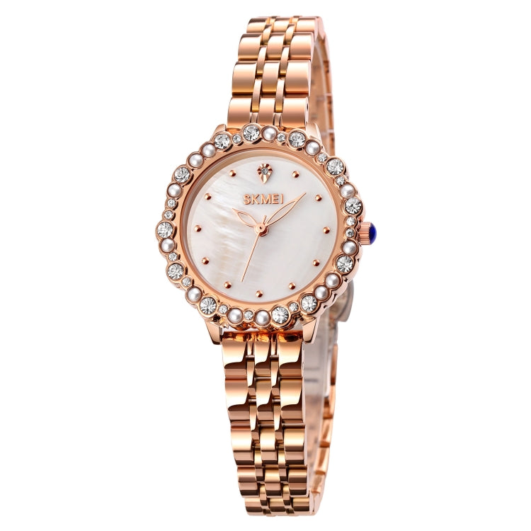 SKMEI 1799 Pearl Diamond Round Dial Stainless Steel Strap Quartz Watch for Ladies(Rose Gold and White Surface) - Metal Strap Watches by SKMEI | Online Shopping UK | buy2fix