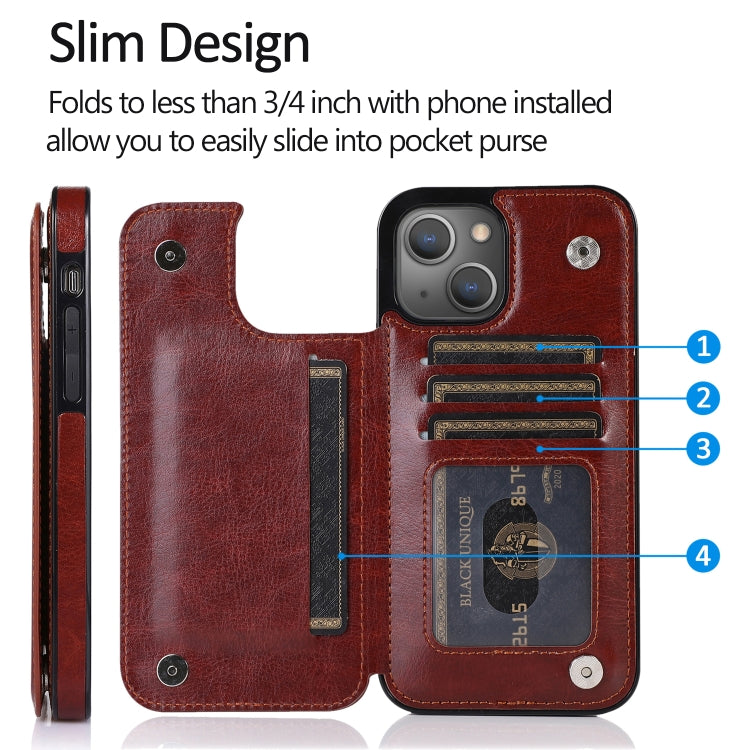 For iPhone 13 Double Buckle Shockproof PU Protective Case with Card Slots & Holder(Brown) - iPhone 13 Cases by buy2fix | Online Shopping UK | buy2fix