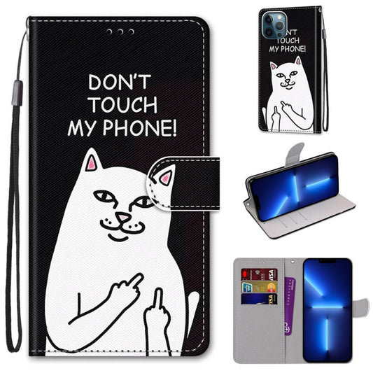 For iPhone 13 Pro Coloured Drawing Cross Texture Horizontal Flip PU Leather Case with Holder & Card Slots & Wallet & Lanyard (Middle Finger White Cat) - iPhone 13 Pro Cases by buy2fix | Online Shopping UK | buy2fix