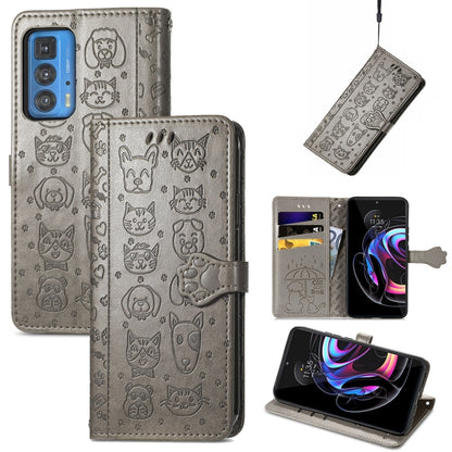 For Motorola Edge 20 Pro Lovely Cat and Dog Embossing Pattern Horizontal Flip Leather Case , with Holder & Card Slots & Wallet & Cartoon Clasp & Lanyard(Grey) - Motorola Cases by buy2fix | Online Shopping UK | buy2fix