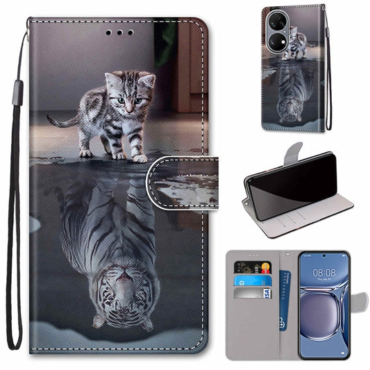 For Huawei P50 Coloured Drawing Cross Texture Horizontal Flip PU Leather Case with Holder & Card Slots & Wallet & Lanyard(Cat Becomes Tiger) - Huawei Cases by buy2fix | Online Shopping UK | buy2fix