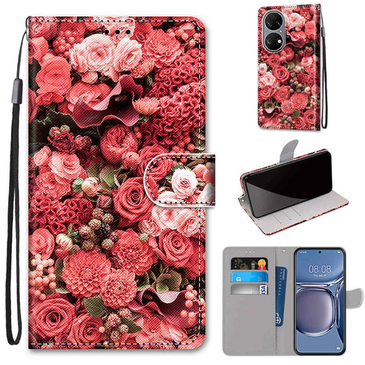 For Huawei P50 Coloured Drawing Cross Texture Horizontal Flip PU Leather Case with Holder & Card Slots & Wallet & Lanyard(Pink Rose Garden) - Huawei Cases by buy2fix | Online Shopping UK | buy2fix