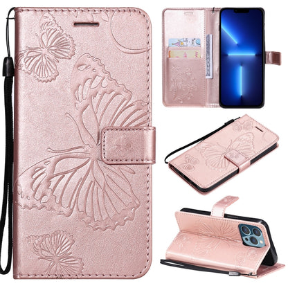 For iPhone 13 Pro 3D Butterfly Embossed Pattern Horizontal Flip Leather Case with Holder & Card Slot & Wallet & Lanyard (Rose Gold) - iPhone 13 Pro Cases by buy2fix | Online Shopping UK | buy2fix