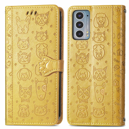 For Motorola Moto Edge 20 Lovely Cat and Dog Embossing Pattern Horizontal Flip Leather Case , with Holder & Card Slots & Wallet & Cartoon Clasp & Lanyard(Yellow) - Motorola Cases by buy2fix | Online Shopping UK | buy2fix