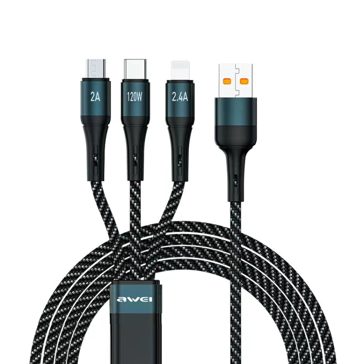 awei CL-972 Type-C / USB-C + 8 Pin + Micro USB 3 In 1 Fast Charging Data Cable, Length: 1.2m(Black) - Multifunction Cable by awei | Online Shopping UK | buy2fix