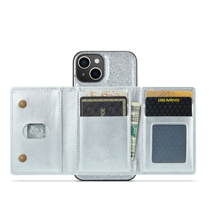 For iPhone 14 DG.MING M3 Series Glitter Powder Card Bag Leather Case(Silver) - iPhone 14 Cases by DG.MING | Online Shopping UK | buy2fix