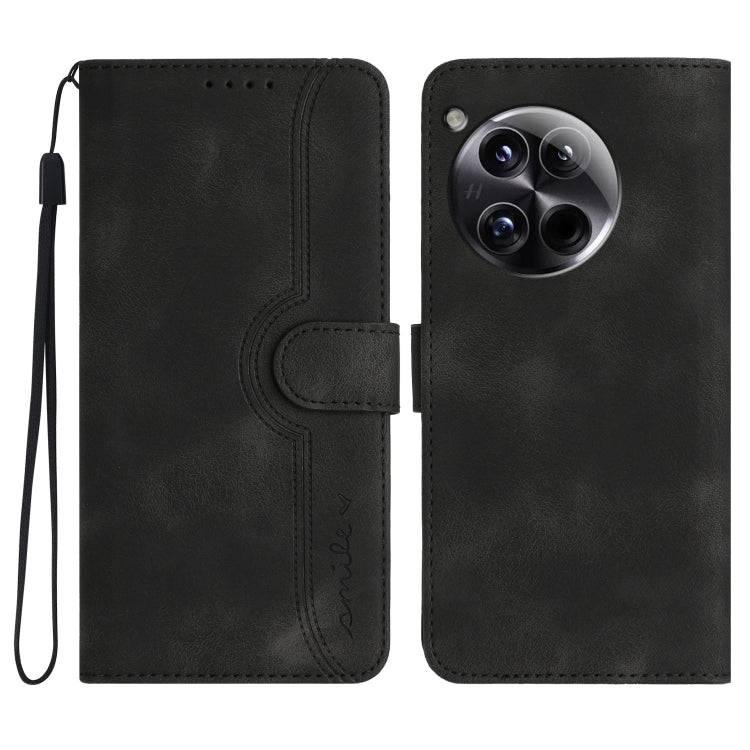 For OnePlus 12 Heart Pattern Skin Feel Leather Phone Case(Black) - OnePlus Cases by buy2fix | Online Shopping UK | buy2fix