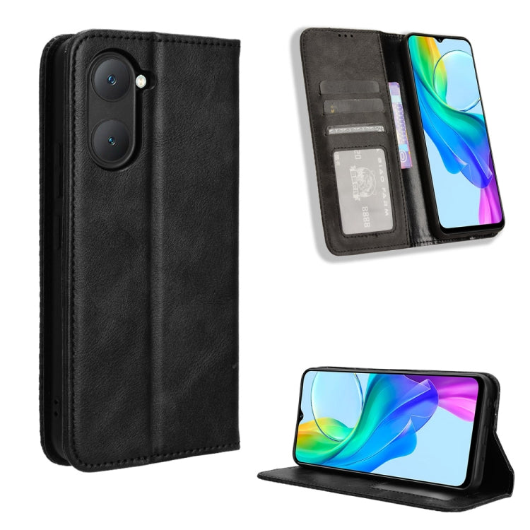 For vivo Y03 4G Magnetic Buckle Retro Texture Leather Phone Case(Black) - vivo Cases by buy2fix | Online Shopping UK | buy2fix