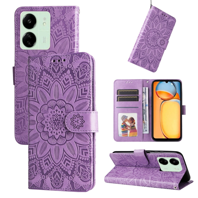 For Xiaomi Redmi 13C 4G Embossed Sunflower Leather Phone Case(Purple) - 13C Cases by buy2fix | Online Shopping UK | buy2fix