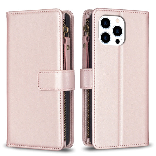 For iPhone 16 Pro 9 Card Slots Zipper Wallet Leather Flip Phone Case(Rose Gold) - iPhone 16 Pro Cases by buy2fix | Online Shopping UK | buy2fix