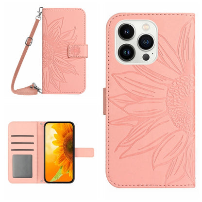 For iPhone 16 Pro Max Skin Feel Sun Flower Embossed Flip Leather Phone Case with Lanyard(Pink) - iPhone 16 Pro Max Cases by buy2fix | Online Shopping UK | buy2fix