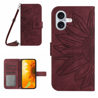 For iPhone 16 Skin Feel Sun Flower Embossed Flip Leather Phone Case with Lanyard(Wine Red) - iPhone 16 Cases by buy2fix | Online Shopping UK | buy2fix