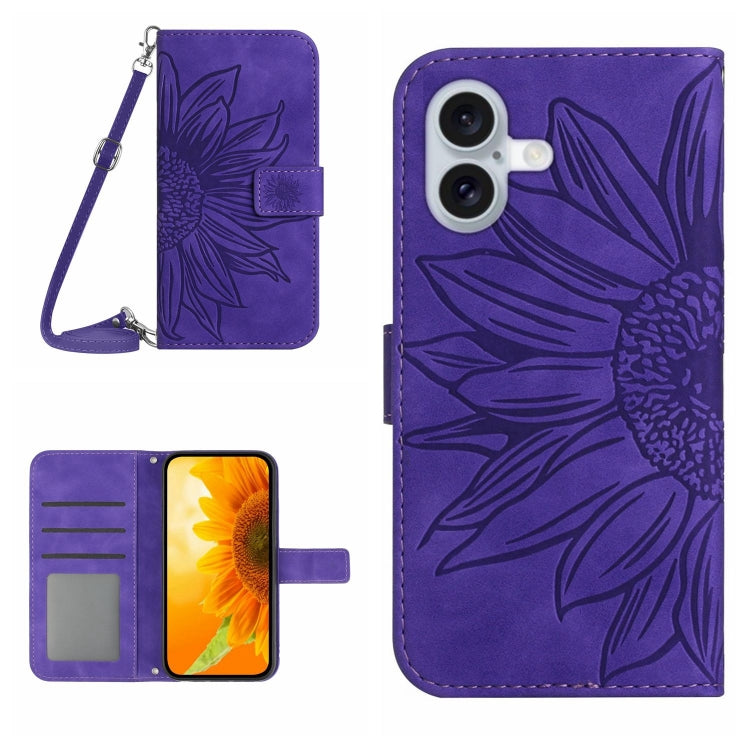 For iPhone 16 Skin Feel Sun Flower Embossed Flip Leather Phone Case with Lanyard(Dark Purple) - iPhone 16 Cases by buy2fix | Online Shopping UK | buy2fix