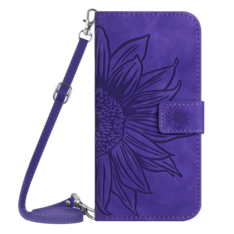 For iPhone 16 Skin Feel Sun Flower Embossed Flip Leather Phone Case with Lanyard(Dark Purple) - iPhone 16 Cases by buy2fix | Online Shopping UK | buy2fix