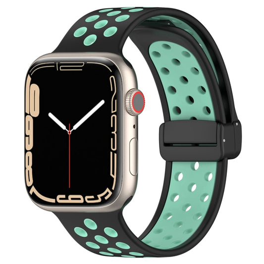 For Apple Watch 8 41mm Magnetic Buckle Silicone Watch Band(Black Cyan) - Watch Bands by buy2fix | Online Shopping UK | buy2fix