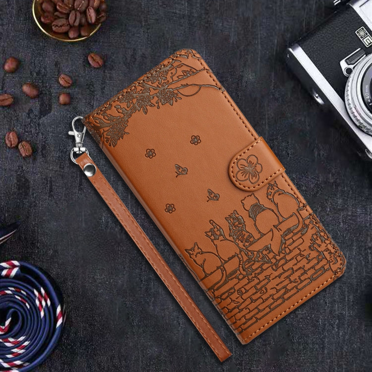 For iPhone 16 Pro Max Cat Embossing Pattern Leather Phone Case with Lanyard(Brown) - iPhone 16 Pro Max Cases by buy2fix | Online Shopping UK | buy2fix