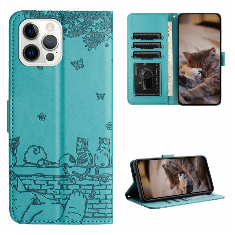 For iPhone 16 Pro Cat Embossing Pattern Leather Phone Case with Lanyard(Blue) - iPhone 16 Pro Cases by buy2fix | Online Shopping UK | buy2fix