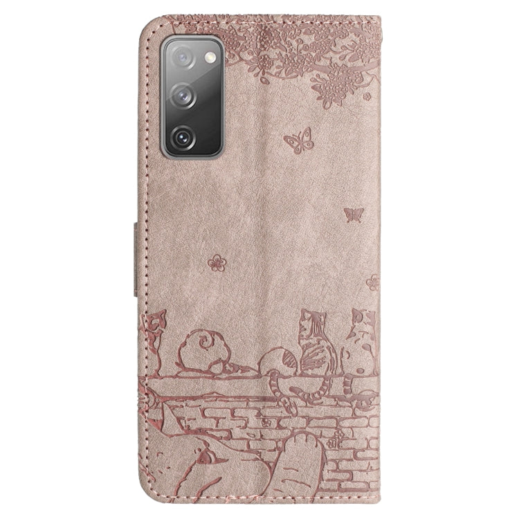 For Samsung Galaxy S20 FE Cat Embossing Pattern Leather Phone Case with Lanyard(Grey) - Galaxy S20 FE Cases by buy2fix | Online Shopping UK | buy2fix