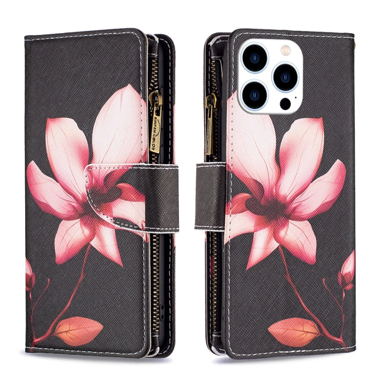 For iPhone 16 Pro Max Colored Drawing Pattern Zipper Phone Leather Case(Lotus) - iPhone 16 Pro Max Cases by buy2fix | Online Shopping UK | buy2fix