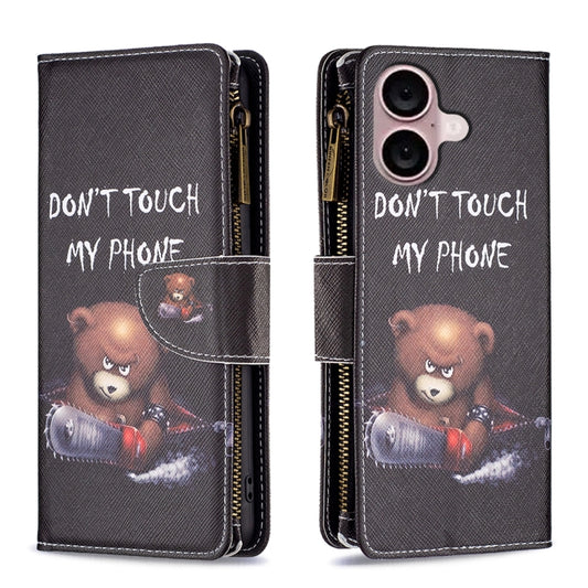 For iPhone 16 Colored Drawing Pattern Zipper Phone Leather Case(Bear) - iPhone 16 Cases by buy2fix | Online Shopping UK | buy2fix