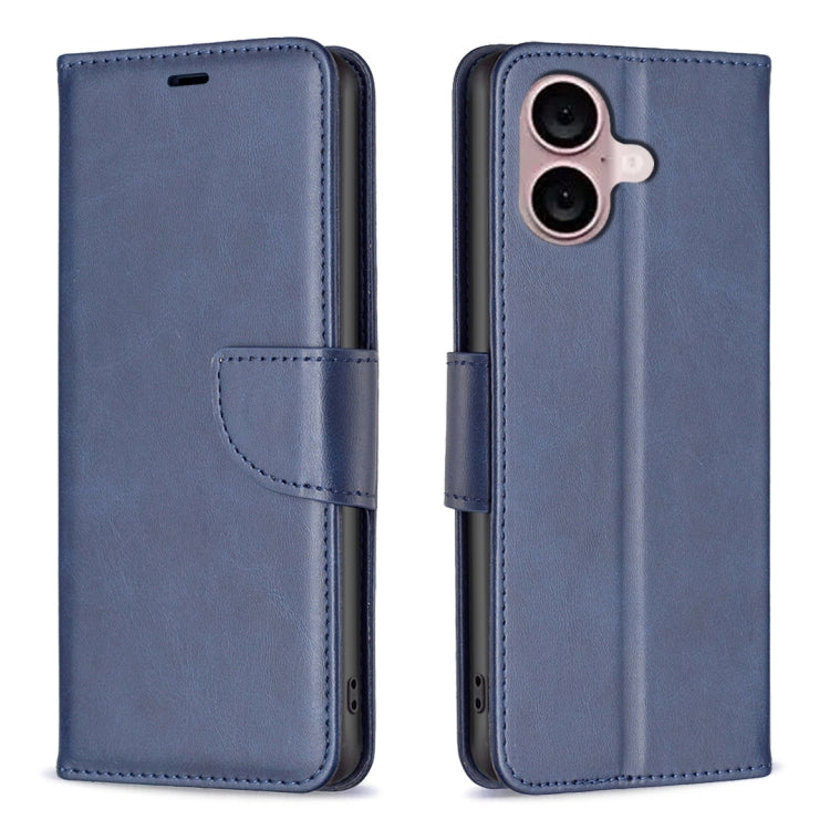 For iPhone 16 Plus Lambskin Texture Pure Color Flip Leather Phone Case(Blue) - iPhone 16 Plus Cases by buy2fix | Online Shopping UK | buy2fix