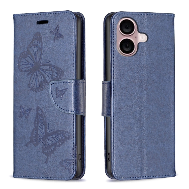 For iPhone 16 Embossing Two Butterflies Pattern Leather Phone Case(Blue) - iPhone 16 Cases by buy2fix | Online Shopping UK | buy2fix