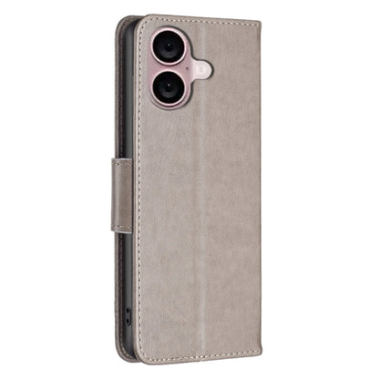 For iPhone 16 Embossing Two Butterflies Pattern Leather Phone Case(Grey) - iPhone 16 Cases by buy2fix | Online Shopping UK | buy2fix