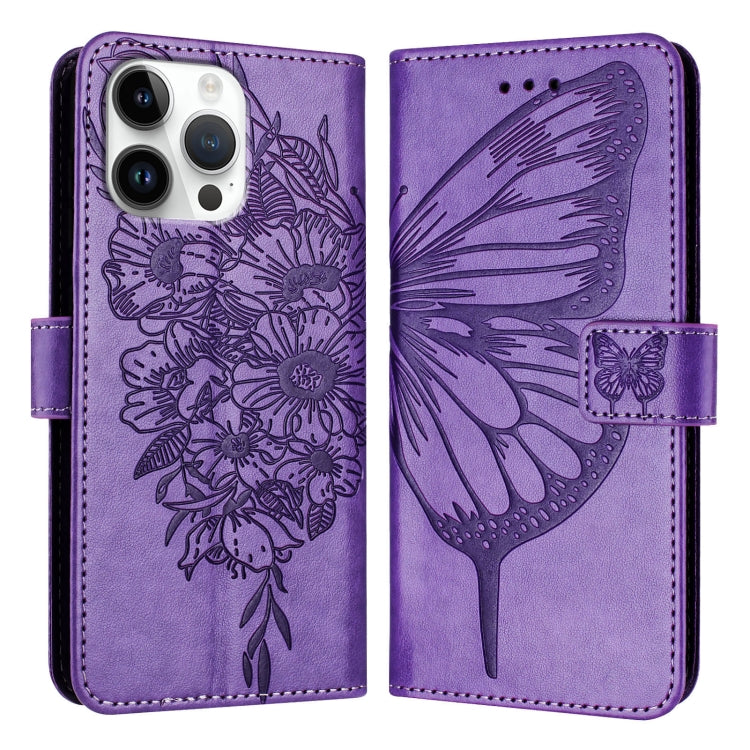 For iPhone 16 Pro Max Embossed Butterfly Leather Phone Case(Light Purple) - iPhone 16 Pro Max Cases by buy2fix | Online Shopping UK | buy2fix