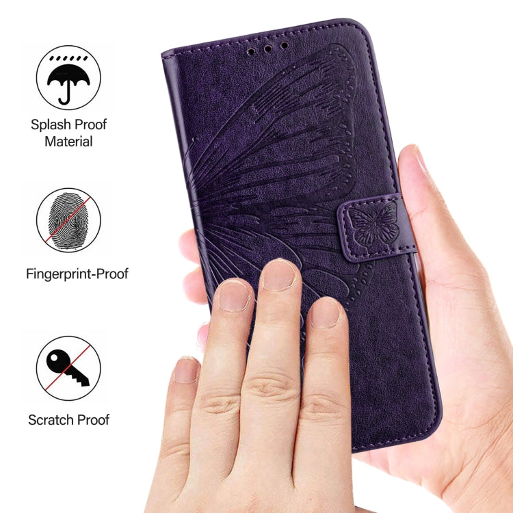 For iPhone 16 Pro Embossed Butterfly Leather Phone Case(Dark Purple) - iPhone 16 Pro Cases by buy2fix | Online Shopping UK | buy2fix