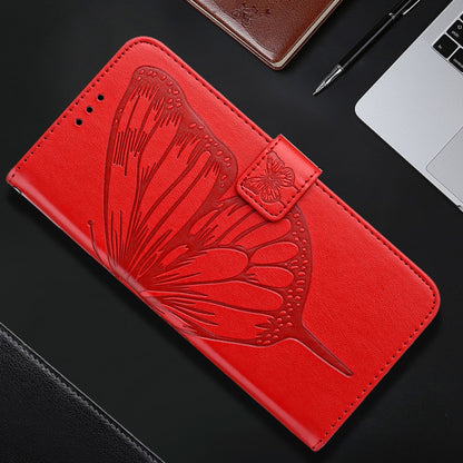 For iPhone 16 Plus Embossed Butterfly Leather Phone Case(Red) - iPhone 16 Plus Cases by buy2fix | Online Shopping UK | buy2fix