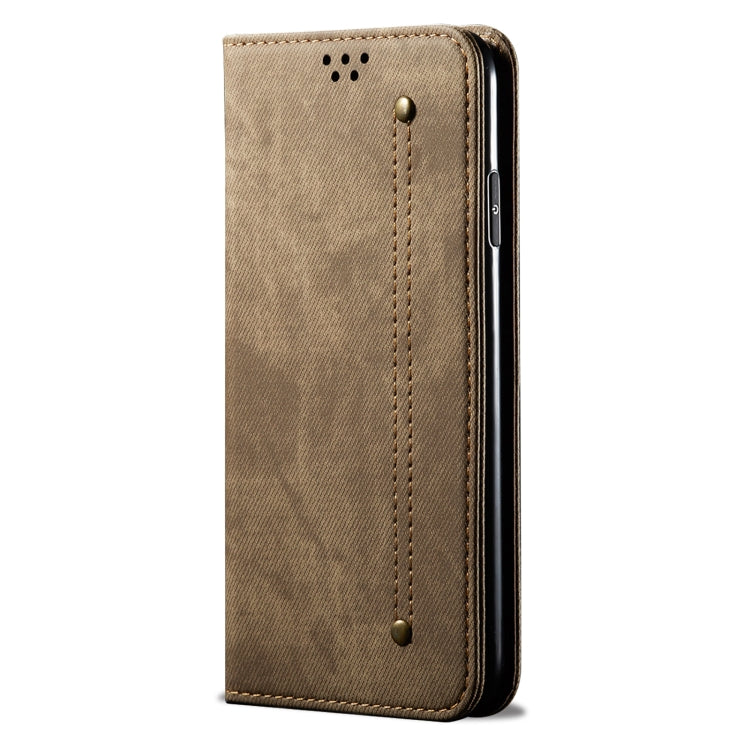 For Samsung Galaxy M55 5G Denim Texture Casual Style Horizontal Flip Leather Case(Khaki) - Galaxy Phone Cases by buy2fix | Online Shopping UK | buy2fix