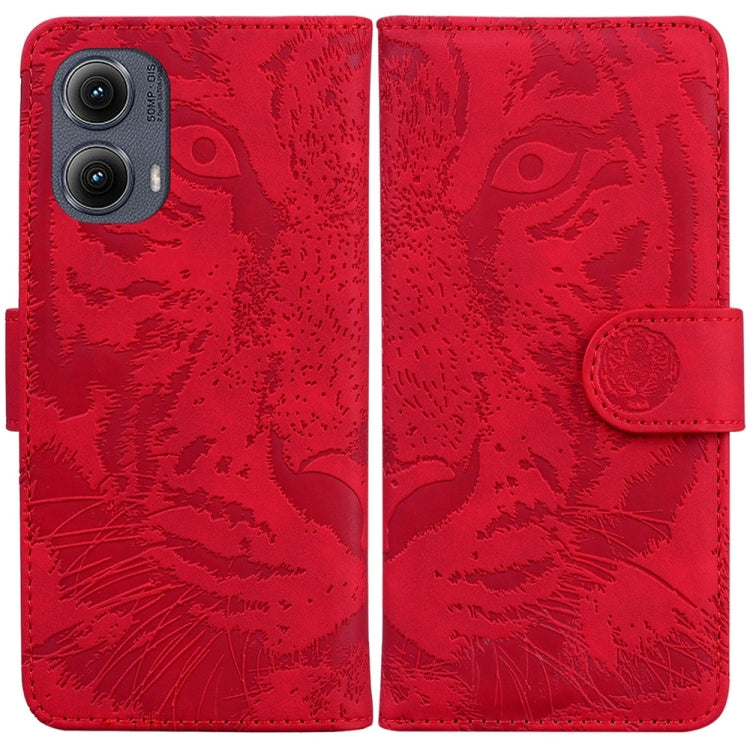 For Motorola Edge 2024 Tiger Embossing Pattern Leather Phone Case(Red) - Motorola Cases by buy2fix | Online Shopping UK | buy2fix