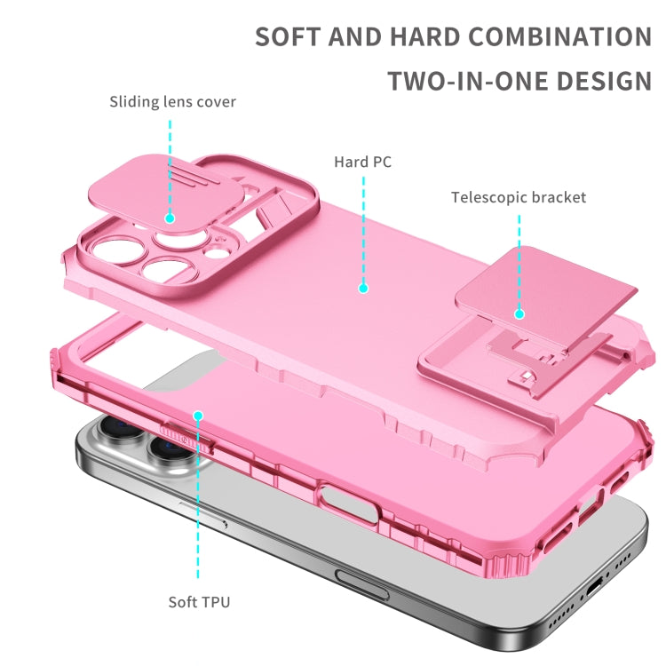 For iPhone 16 Pro Stereoscopic Holder Sliding Camshield Phone Case(Pink) - iPhone 16 Pro Cases by buy2fix | Online Shopping UK | buy2fix