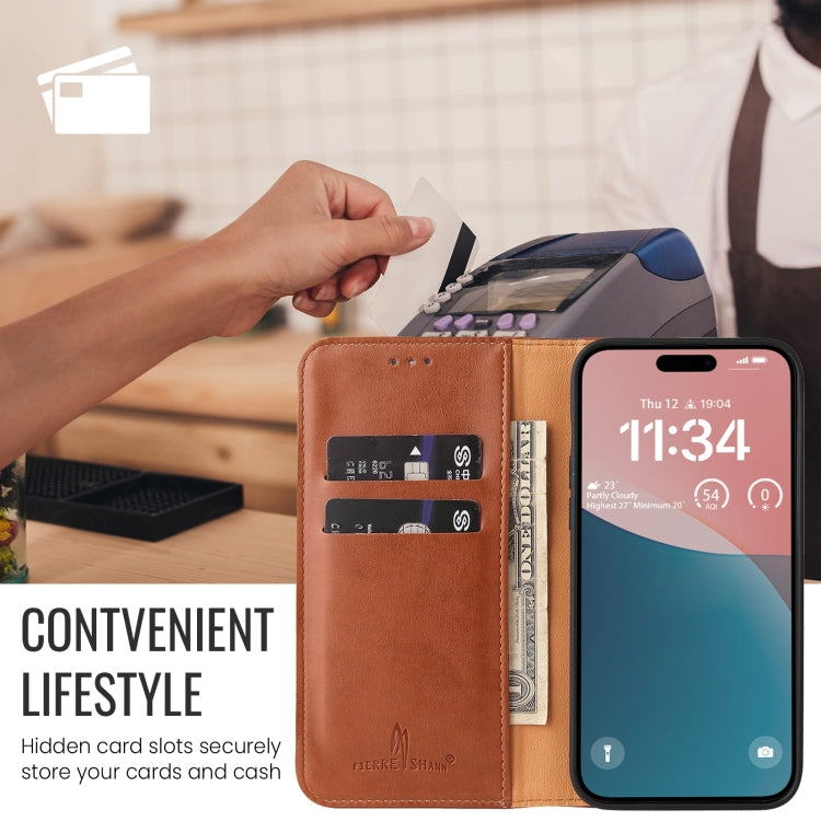 For iPhone 16 Plus Fierre Shann PU Genuine Leather Texture Phone Case(Brown) - iPhone 16 Plus Cases by FIERRE SHANN | Online Shopping UK | buy2fix