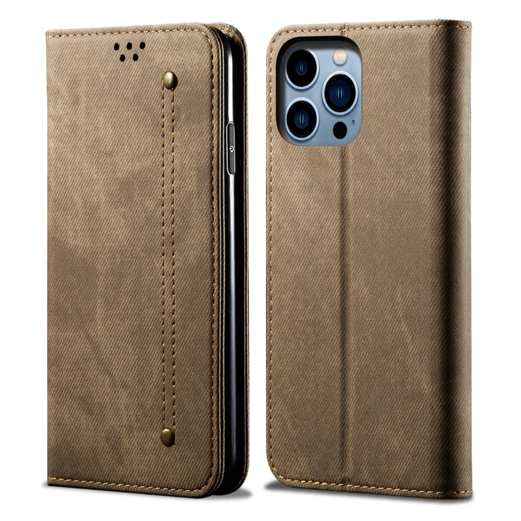 For iPhone 16 Pro Max Denim Texture Casual Style Horizontal Flip Leather Case(Khaki) - iPhone 16 Pro Max Cases by buy2fix | Online Shopping UK | buy2fix