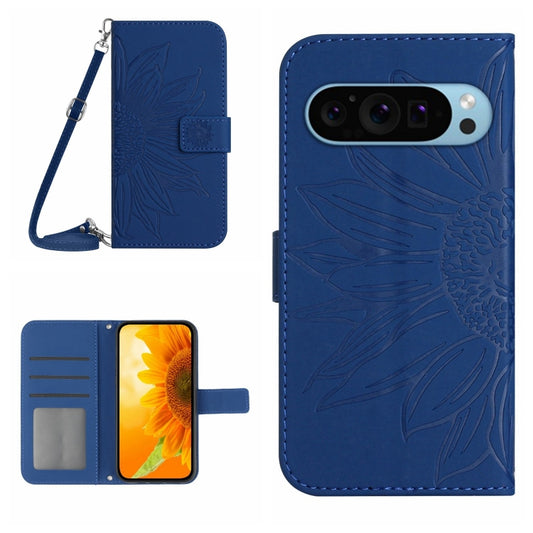 For Google Pixel 9 Pro Skin Feel Sun Flower Embossed Flip Leather Phone Case with Lanyard(Dark Blue) - Google Cases by buy2fix | Online Shopping UK | buy2fix