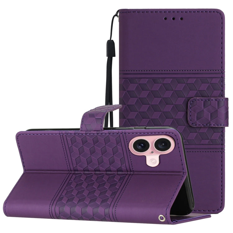 For iPhone 16 Plus Diamond Embossed Skin Feel Leather Phone Case(Purple) - iPhone 16 Plus Cases by buy2fix | Online Shopping UK | buy2fix