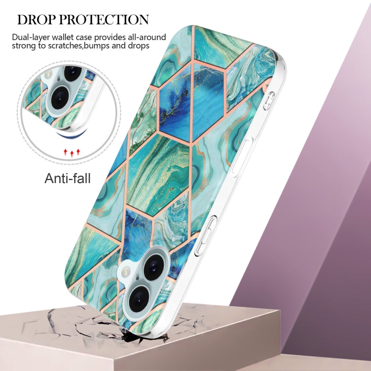 For iPhone 16 Plus Electroplating Splicing Marble Flower Pattern Dual-side IMD TPU Shockproof Phone Case(Green) - iPhone 16 Plus Cases by buy2fix | Online Shopping UK | buy2fix