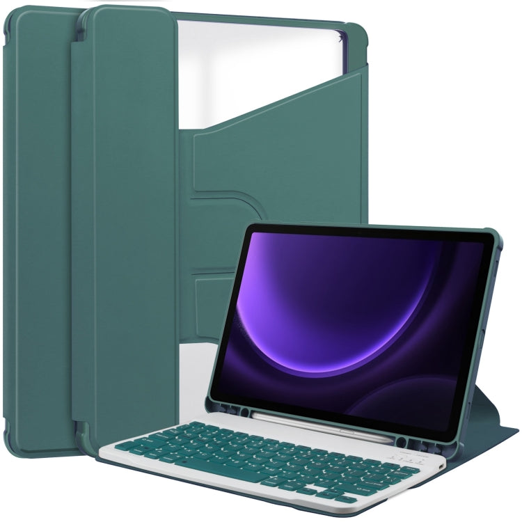 For Samsung Galaxy Tab S9 FE 360 Rotation Transparent Smart Leather Case with Keyboard(Dark Green) - Galaxy Tab S9 FE by buy2fix | Online Shopping UK | buy2fix