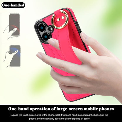 For iPhone 16 Plus Non-slip Full Coverage Ring PU Phone Case with Wristband(Rose Red) - iPhone 16 Plus Cases by buy2fix | Online Shopping UK | buy2fix