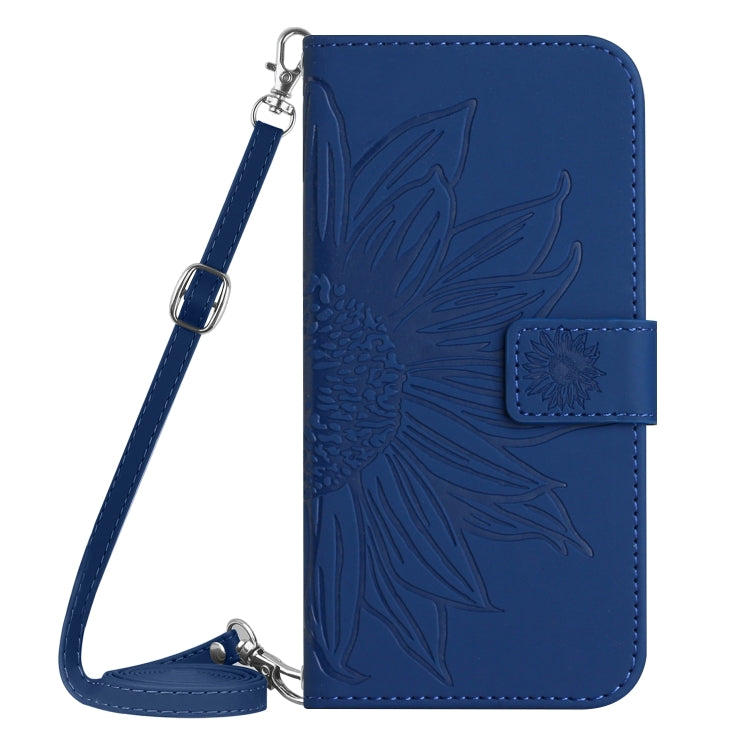 For Motorola Moto G Play 4G 2024 HT04 Skin Feel Sun Flower Embossed Flip Leather Phone Case with Lanyard(Dark Blue) - Motorola Cases by buy2fix | Online Shopping UK | buy2fix