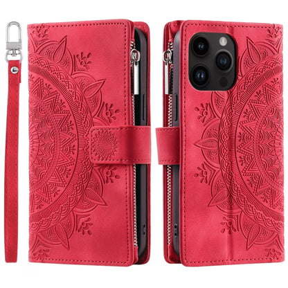 For iPhone 16 Pro Multi-Card Totem Zipper Leather Phone Case(Red) - iPhone 16 Pro Cases by buy2fix | Online Shopping UK | buy2fix