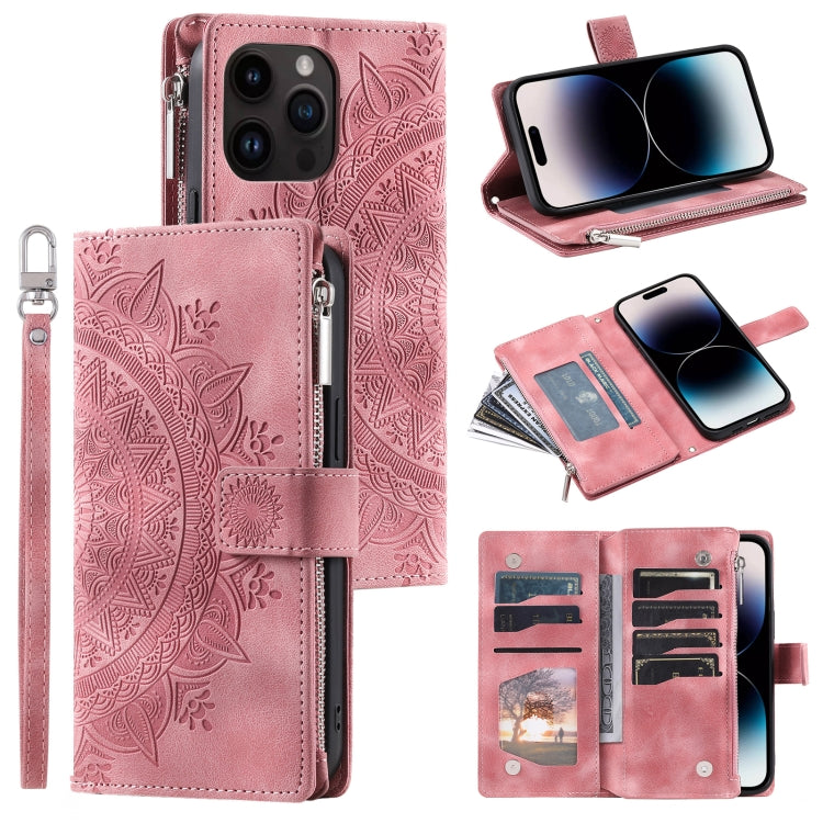 For iPhone 16 Pro Multi-Card Totem Zipper Leather Phone Case(Pink) - iPhone 16 Pro Cases by buy2fix | Online Shopping UK | buy2fix