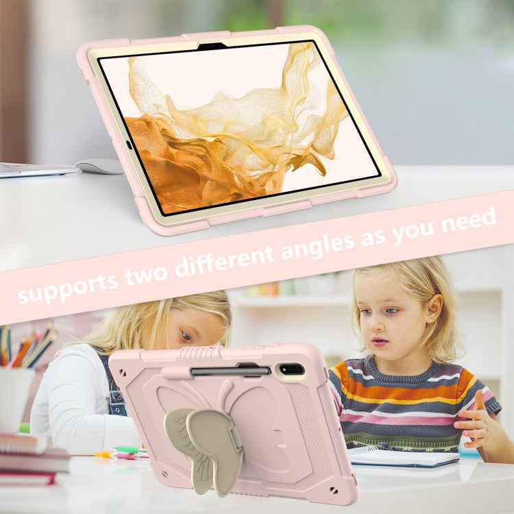 For Samsung Galaxy Tab S9 Butterfly Kickstand Heavy Duty Hard Rugged Tablet Case(Beige+Rose Pink) - Galaxy Tab S9 Cases by buy2fix | Online Shopping UK | buy2fix