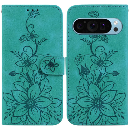 For Google Pixel 9 Pro Lily Embossed Leather Phone Case(Green) - Google Cases by buy2fix | Online Shopping UK | buy2fix