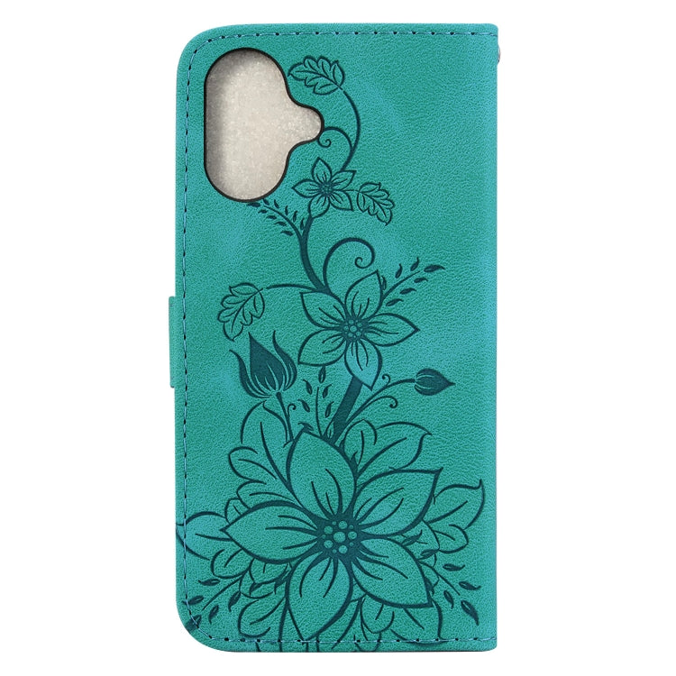 For iPhone 16 Lily Embossed Leather Phone Case(Green) - iPhone 16 Cases by buy2fix | Online Shopping UK | buy2fix