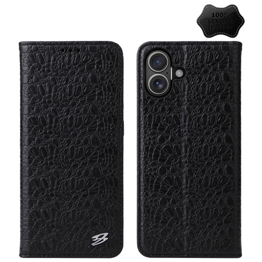 For iPhone 16 Fierre Shann Crocodile Texture Magnetic Genuine Leather Phone Case(Black) - iPhone 16 Cases by FIERRE SHANN | Online Shopping UK | buy2fix